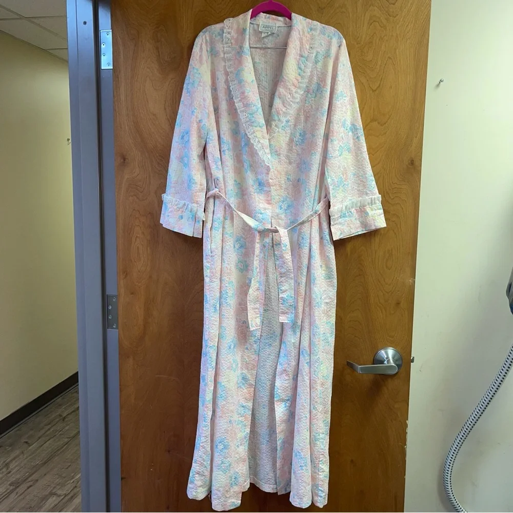 Vintage Appel Belted Pastel Floral Robe Seersucker Women’s Large Union Made USA - Picture 3 of 12